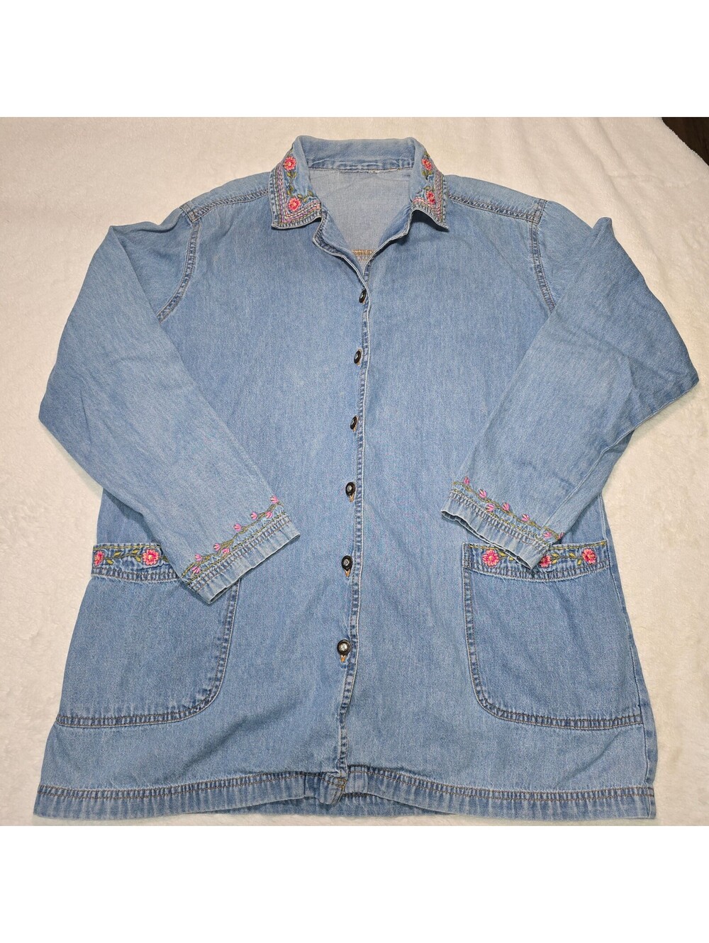 Vintage 1990s Embroidered Denim Shacket / Chore Jacket